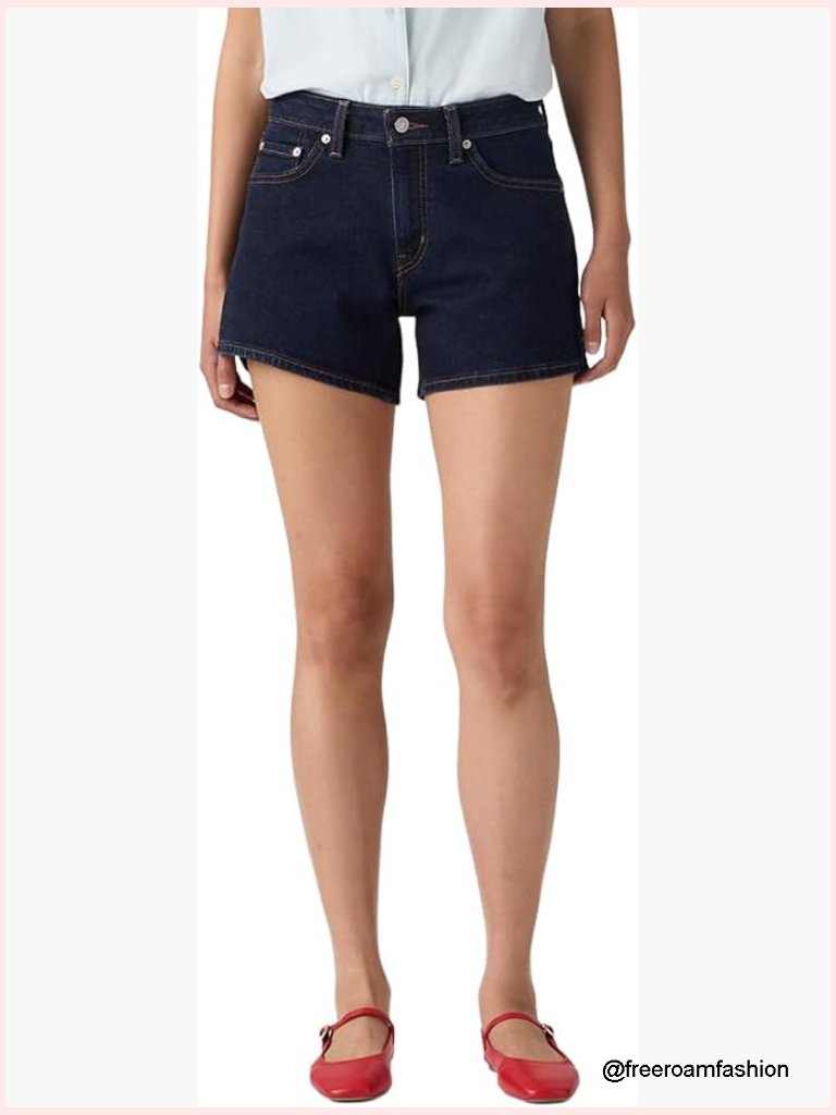 A-Line Jean Shorts Mid Rise Stretch Cotton Blue Denim